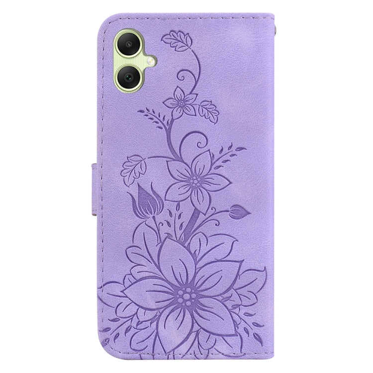 Purple embossed leather phone case for Samsung Galaxy A05, featuring card slots and kickstand functionality.